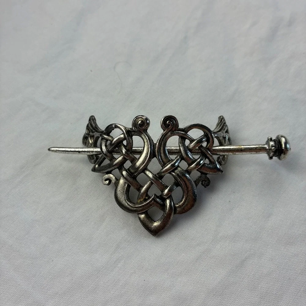 Vintage Viking Celtic Knot Hair Slide Stick Silver Tone Metal Folk Whimsigoth